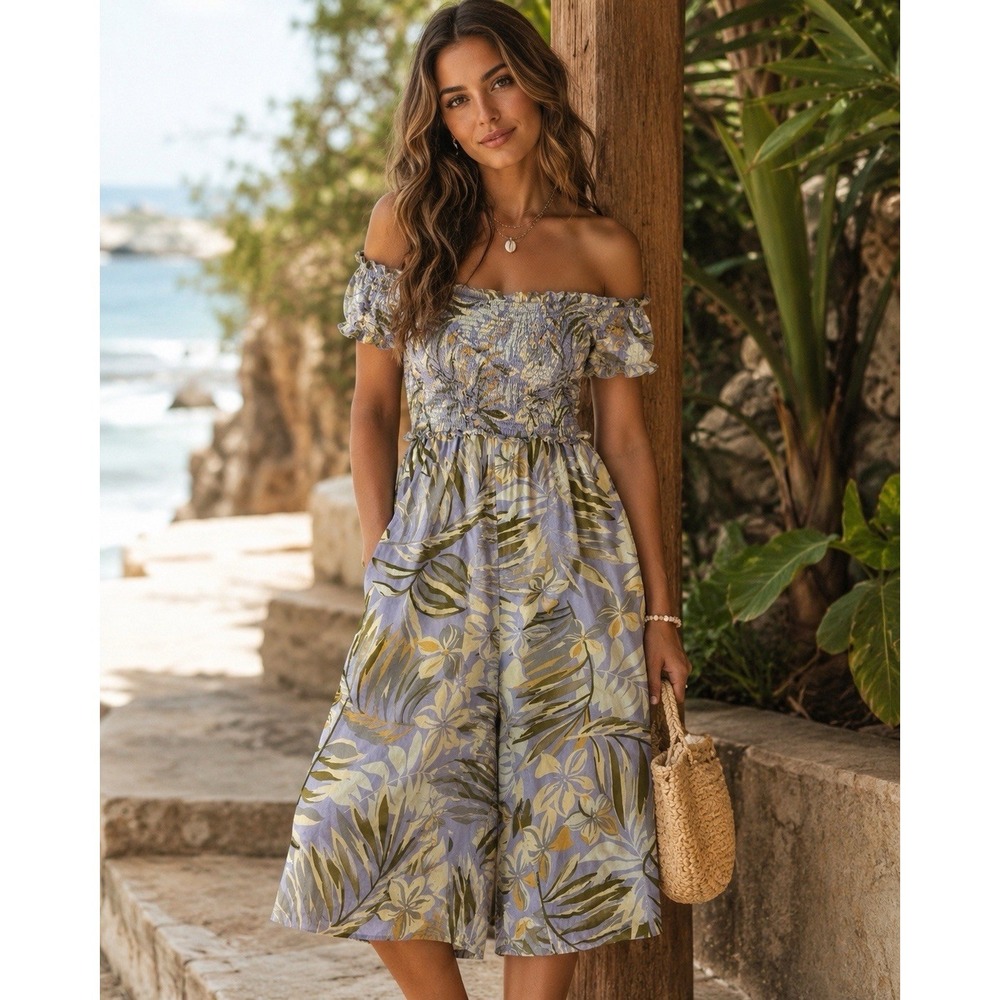 Patrons of Peace Romper S Smocked Tropical Boho Resort Pockets Rayon Flowy Beach